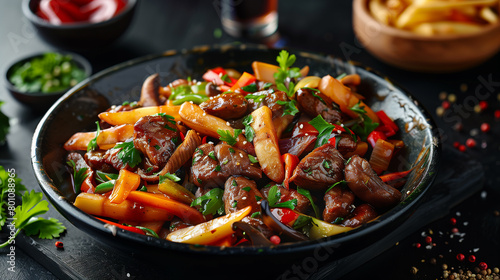 Bring the flavors of Peruvian salt ado to life in a photorealistic scene of the stir fry dish with fries and veggies