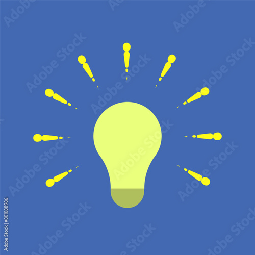 Bright yellow flat bulb with light isolated on blue background