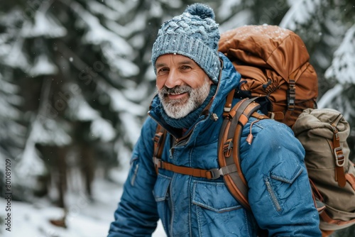 Man Hiking With Backpack in Snow © denklim