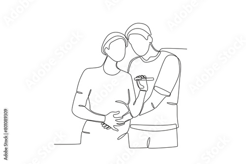Continuous single line drawing of a Husband lovingly hugs pregnant wife. concept of a family newly married and given a child, illustration of the popular single line drawing, concept of single line de
