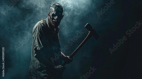 Scary zombie with pick-axe on dark background