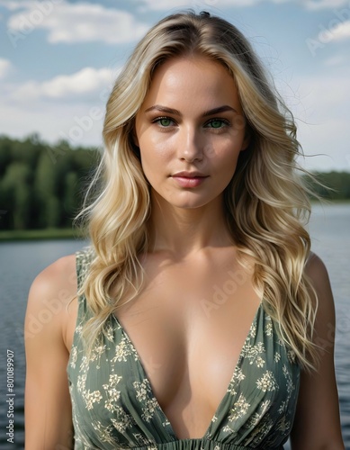 Beautiful young blonde woman in a green dress standing on a dock by the lake