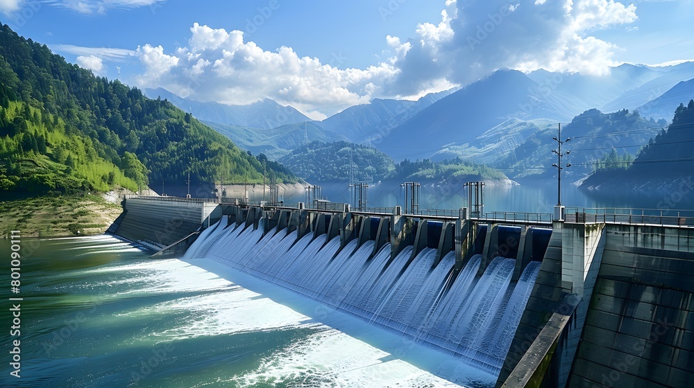 A majestic dam unleashes torrents amidst tranquil mountain scenery