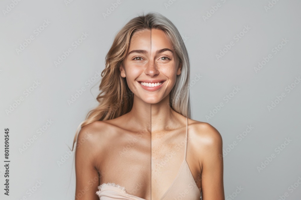 Aging skin texture merges with hair color care, showcasing aging effects and beauty transformations in facial visuals. Aging skin texture merges with hair color care, showcasing aging effects and beauty transformations in facial visuals.