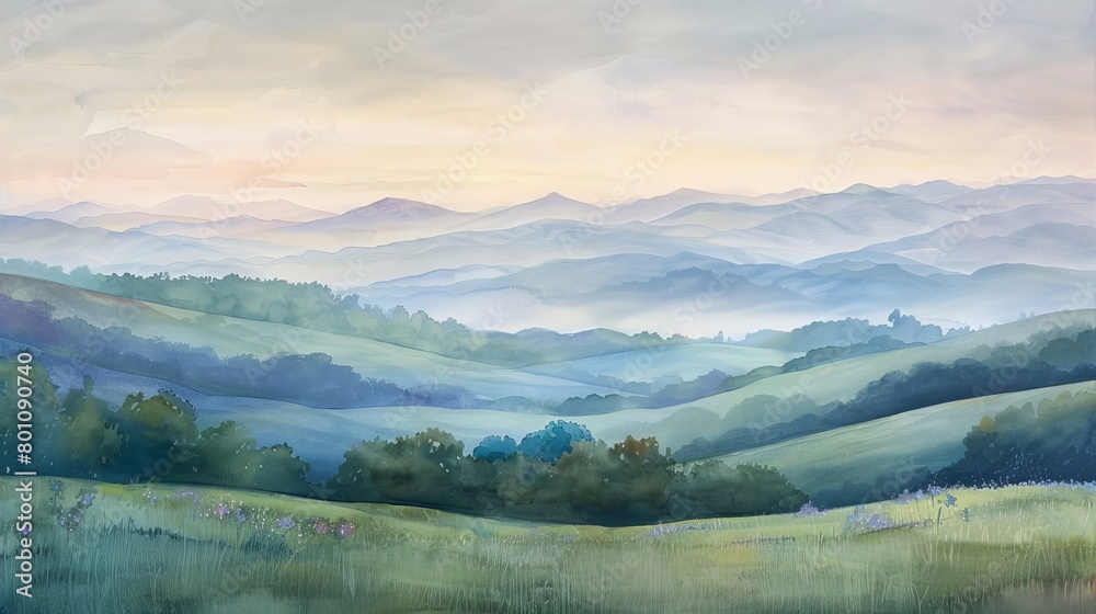 Watercolor panorama of rolling hills at dawn, soft pastels creating a soothing atmosphere, ideal for promoting tranquility in a clinic setting