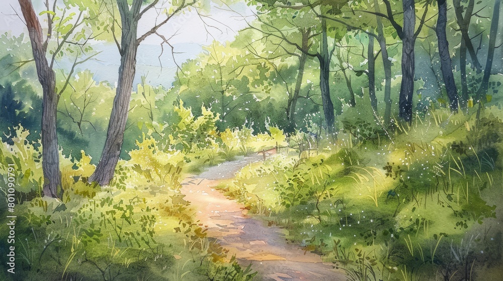 Fototapeta premium Watercolor scene of a quiet path winding through a tranquil forest, inviting viewers to imagine a restorative walk in nature