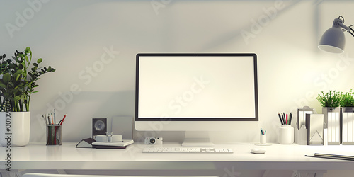 Comfortable and minimal home working space with computer mockup and wall shelves with decor