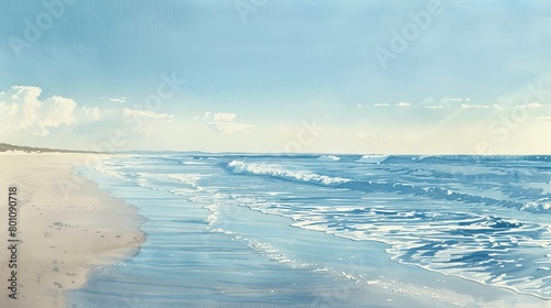 Watercolor panorama of a long  deserted beach  the gentle surf and wide horizon line creating a sense of open  calming space