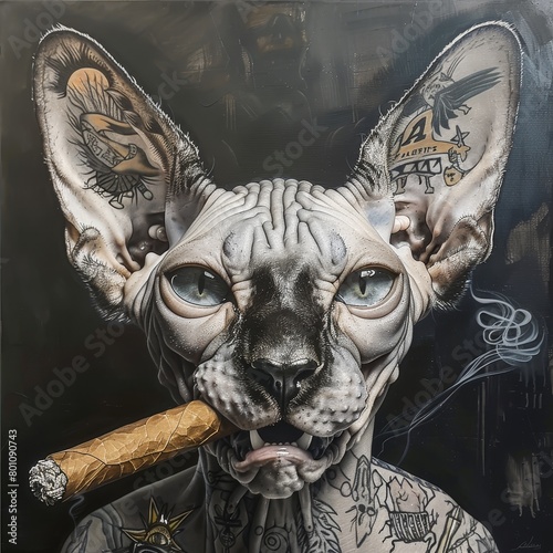 Sphynx cat with tattoos and cigar in tooth. AI generated