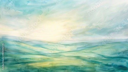 Watercolor panorama of rolling hills at dawn  soft pastels creating a soothing atmosphere  ideal for promoting tranquility in a clinic setting