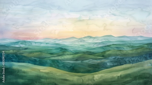 Watercolor panorama of rolling hills at dawn, soft pastels creating a soothing atmosphere, ideal for promoting tranquility in a clinic setting © Alpha