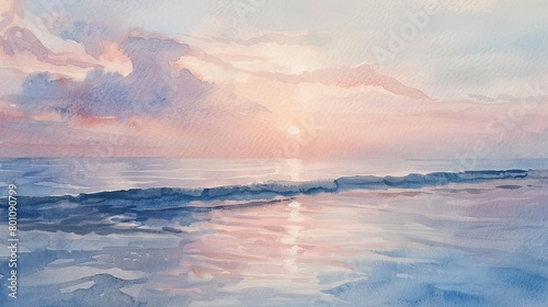Watercolor seascape showing a gentle sunrise over the ocean, soft pinks and blues blending to evoke peace and calm #801090799