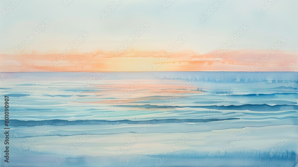 Fototapeta premium Tranquil watercolor depicting a quiet beach at dusk, with soothing hues of lavender and peach reflecting off gentle waves