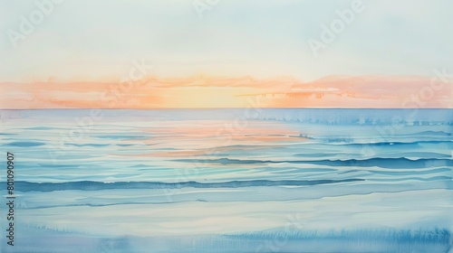 Tranquil watercolor depicting a quiet beach at dusk  with soothing hues of lavender and peach reflecting off gentle waves