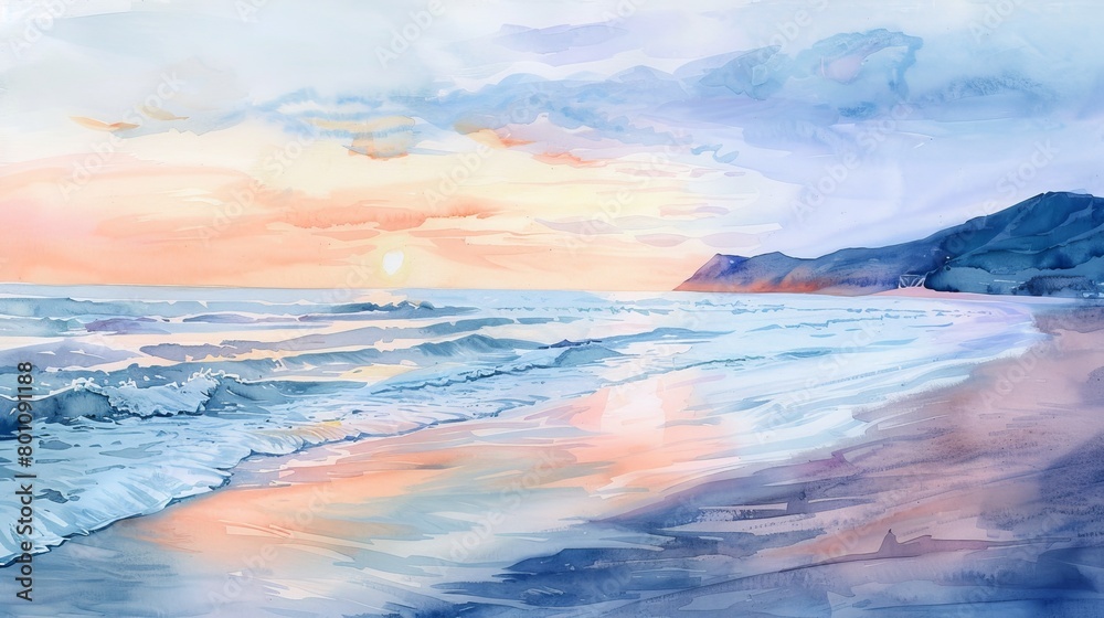 Obraz premium Tranquil watercolor scene of a beach at sunset, the soothing sound of waves captured in soft brush strokes, enhancing a peaceful clinic ambiance