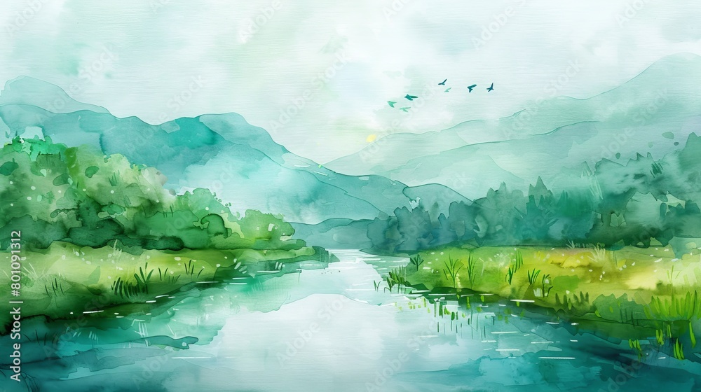 Tranquil watercolor scene of a river gently flowing through a verdant landscape, symbolizing continuous health and renewal