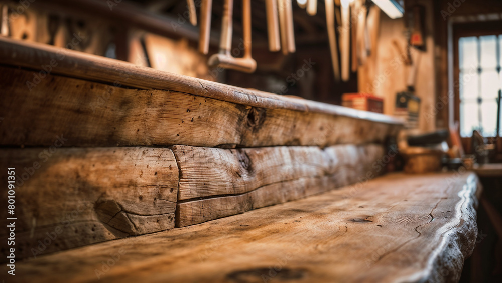 Close-up of an Authentic Wood Bench in a Rustic Woodworking Shop with Tools.