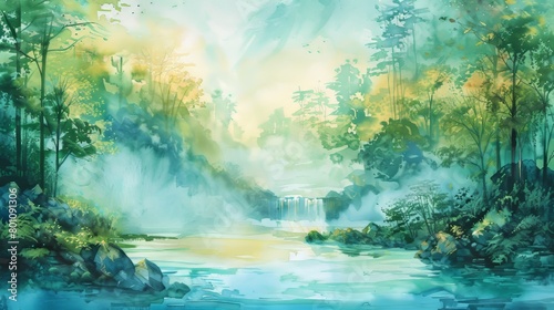 Tranquil watercolor scene of a river gently flowing through a verdant landscape, symbolizing continuous health and renewal