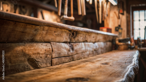Close-up of an Authentic Wood Bench in a Rustic Woodworking Shop with Tools. photo
