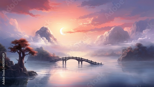 Golden Crossing: Bridge Over River with Glorious Sunset as Backdro