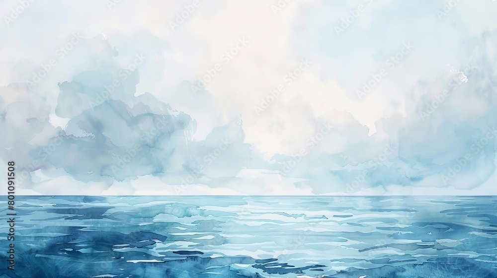 Tranquil watercolor seascape of the ocean blending into a cloudy sky, the soft gradient colors promoting a calming environment in the clinic