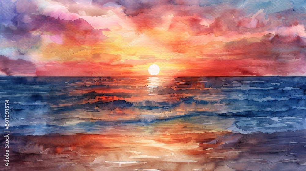 Vibrant yet soothing watercolor of a sunset over the sea, the colors soft but rich, providing comfort and a sense of well-being