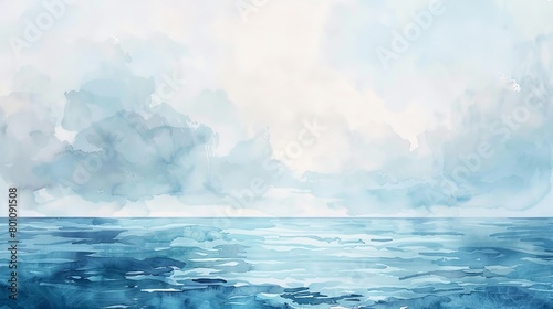 Tranquil watercolor seascape of the ocean blending into a cloudy sky, the soft gradient colors promoting a calming environment in the clinic