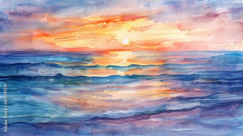 Vibrant yet soothing watercolor of a sunset over the sea  the colors soft but rich  providing comfort and a sense of well-being