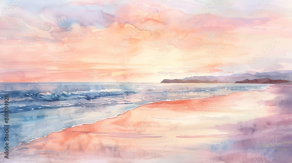 Watercolor depiction of a quiet beach at sunset, the soft hues of pink and orange in the sky reflecting the clinic's soothing aesthetic