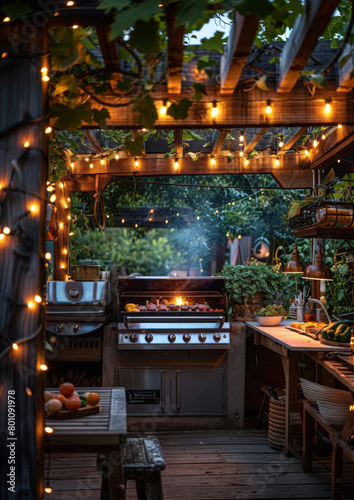 Friends gathered around a patio BBQ grill. Assortment of delicious meats, and an array of baked foods and drinks. 