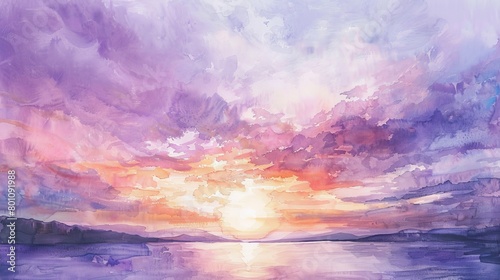 Watercolor depiction of a sunset at sea  the sky painted in a spectrum of warm colors that contrast with the cool water  soothing the viewer