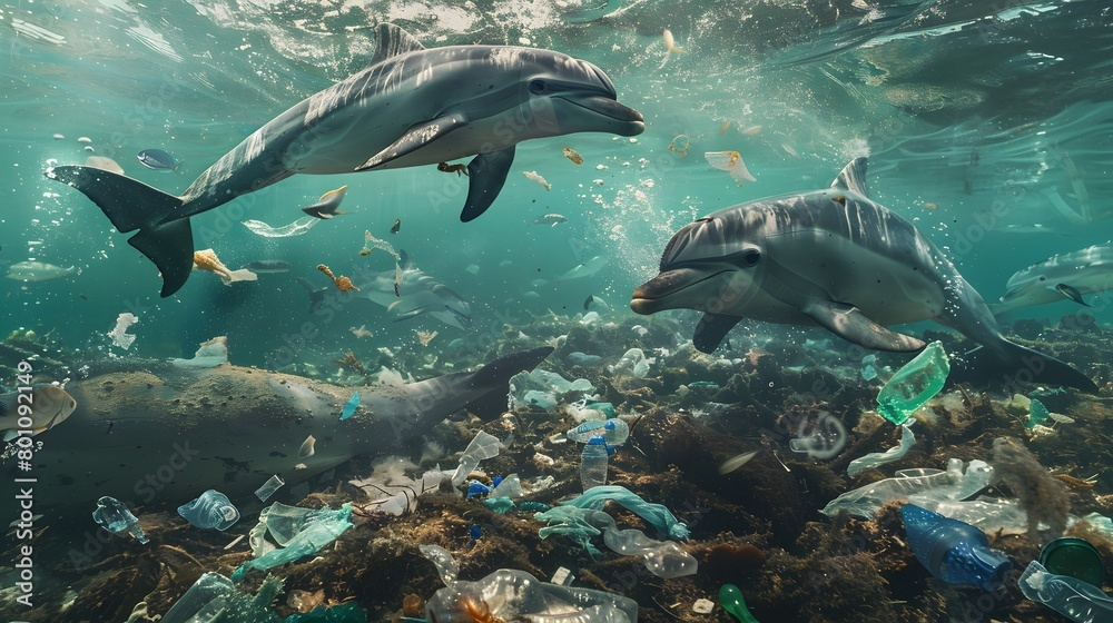 Fototapeta premium Dolphins swim amidst ocean pollution