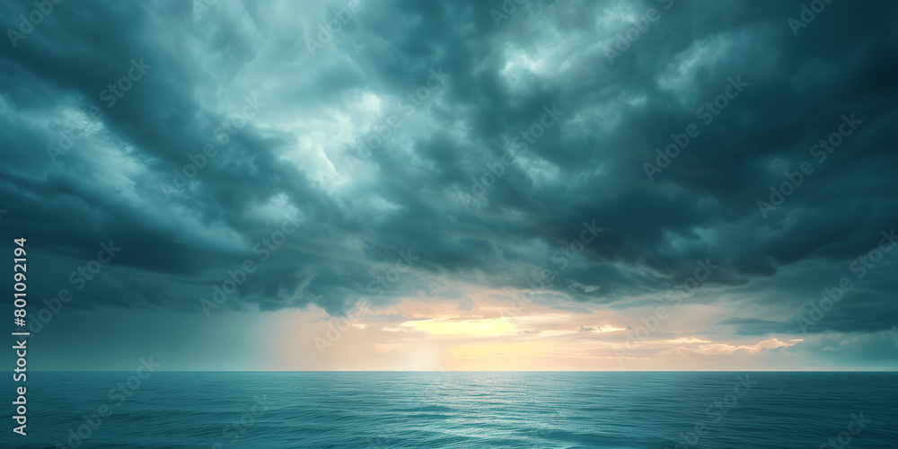 Dramatic storm clouds gather over a serene ocean, casting a dark, brooding atmosphere as the sun sets on the horizon.