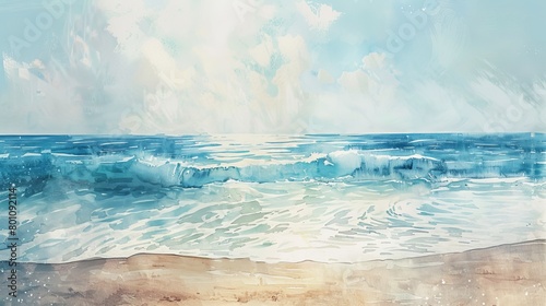 Watercolor depiction of a tranquil beach scene with soft waves lapping at the shore, promoting relaxation and a healing atmosphere