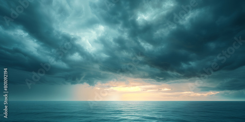 Dramatic storm clouds gather over a serene ocean, casting a dark, brooding atmosphere as the sun sets on the horizon.
