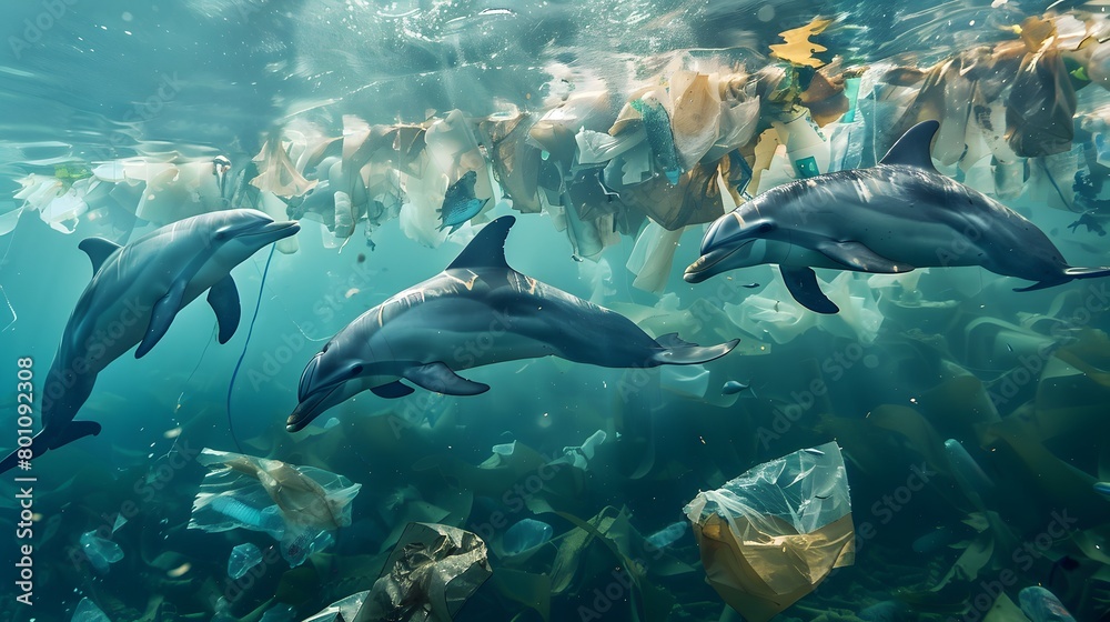 Fototapeta premium Dolphins swimming amidst ocean plastic pollution