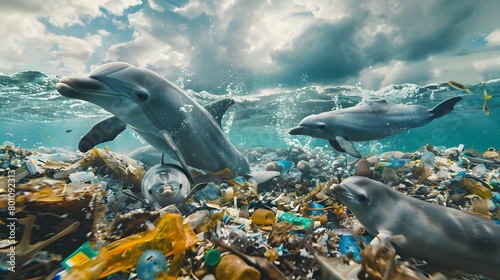 Dolphins swimming amidst ocean pollution