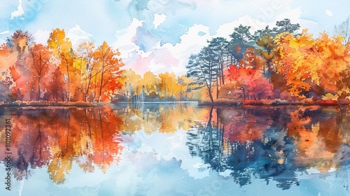 Watercolor illustration of a peaceful lake surrounded by autumn trees  the reflection in the water enhancing the artwork s soothing qualities