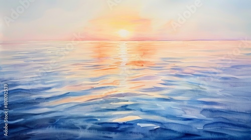 Watercolor of a gentle sunrise over a calm sea, soft pastel colors blending to capture the peaceful morning serenity