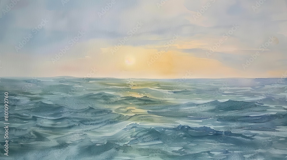 Watercolor of a serene seascape showing a gentle sunrise over the ocean, the soft pastel sky blending with the calm sea
