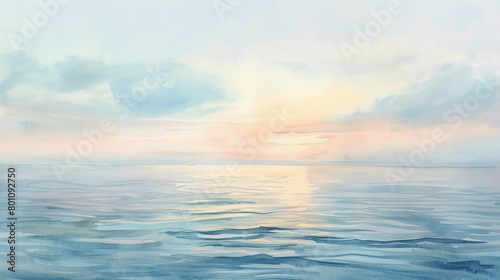 Watercolor of a serene seascape showing a gentle sunrise over the ocean  the soft pastel sky blending with the calm sea