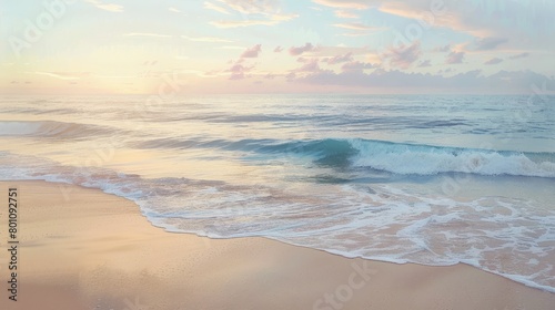 Watercolor of a serene seascape at dawn, soft pastels capturing the gentle ebb of ocean waves against a sandy beach