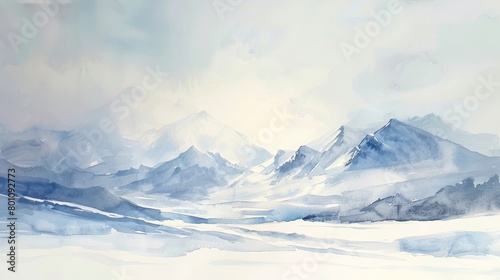 Watercolor of a snowy mountain range under a soft winter sky, conveying the quiet and pristine nature of untouched snow