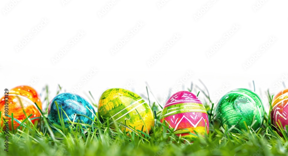 Easter Eggs in Grass on White Background. Colorful Eggs Symbolize Spring Holiday