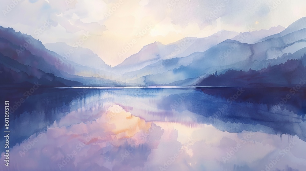 Watercolor painting of a tranquil mountain lake at dawn, soft pastels reflecting on the water to evoke calmness and serenity