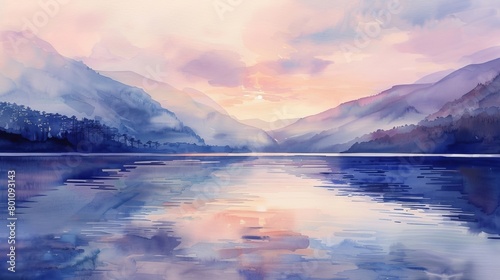 Watercolor painting of a tranquil mountain lake at dawn  soft pastels reflecting on the water to evoke calmness and serenity