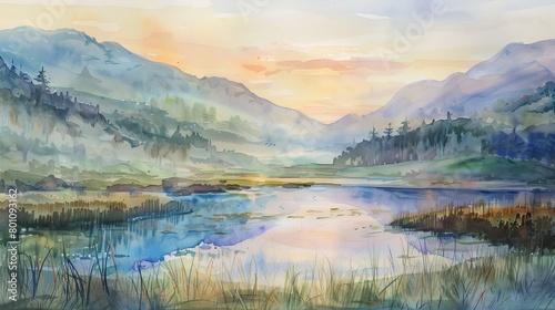 Watercolor painting of a tranquil mountain lake at dawn, soft pastels reflecting on the water to evoke calmness and serenity