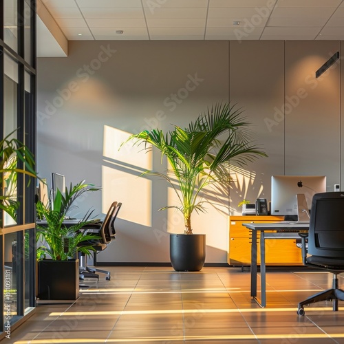 A large plant sits in a black planter in the middle of a room with a desk