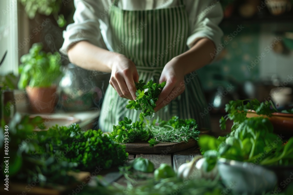 Cooking With Herbs. Pretty Woman Cooking Healthy Food with Green Ingredients and Spicy Herbs in Kitchen. Diet and Wellness Concept Cooking With Herbs. Pretty Woman Cooking Healthy Food with Green Ingredients and Spicy Herbs in Kitchen. Diet and Wellness Concept