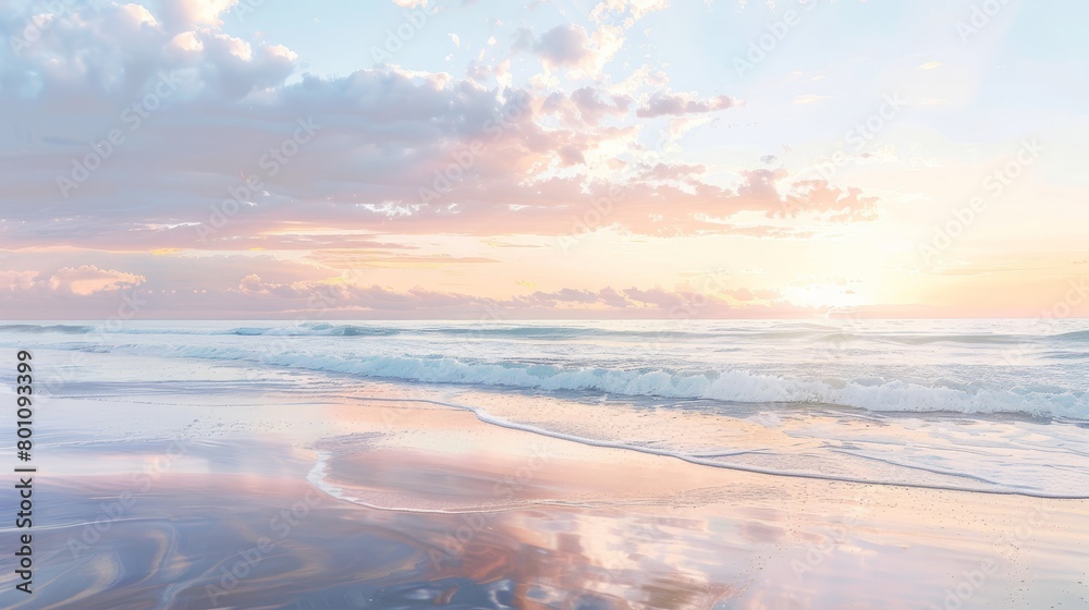 Watercolor panorama of a calm beach at sunrise, soft pastels reflecting off the gentle waves, instilling peace and tranquility